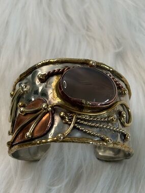 Source Unknown Mixed Metal Cuff Bracelet with Brown Agate Cabochon